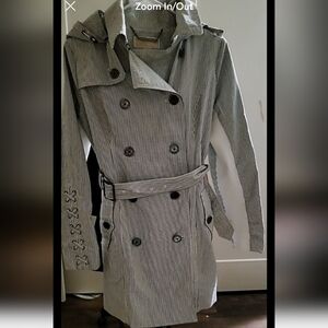 MICHAEL KORS Womens Small Classic Preppy Logo Rain Trench Coat Blue Striped